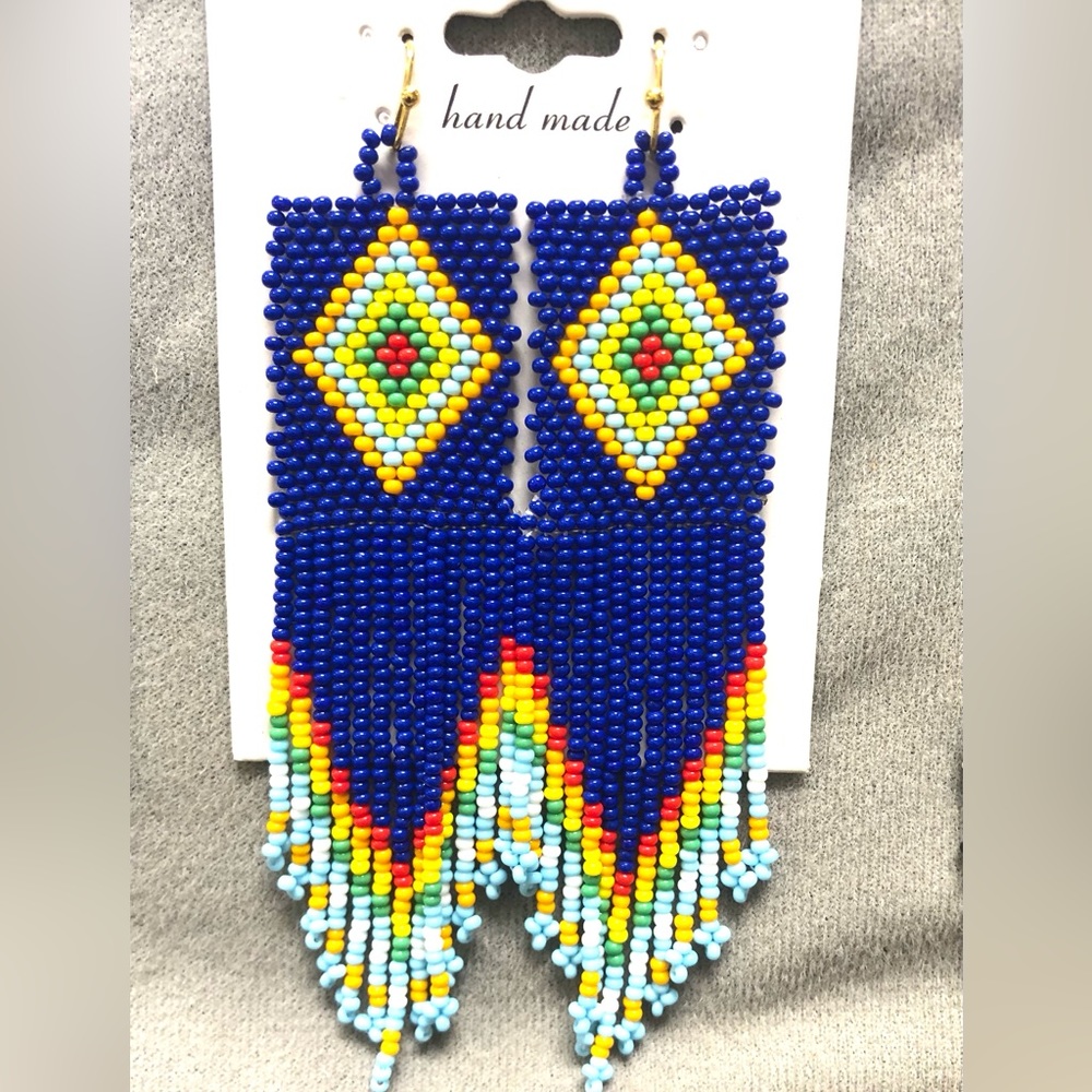 Blue Colorful Bohemian Earrings Czech Beads Tassel Dangle Ethnic Retro Earrings
